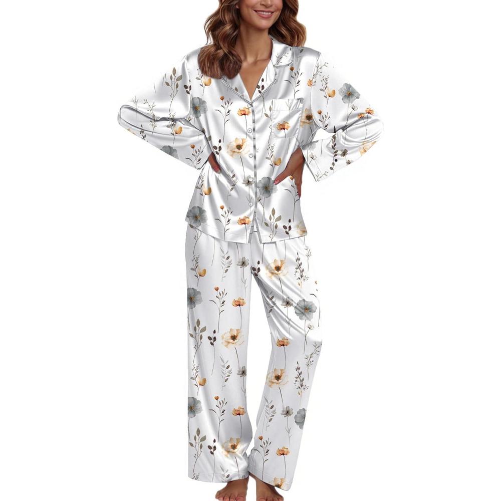 imageEkouaer Pajamas For Women Set Silk Pjs 2 Piece Satin Sleepwear Long Sleeve Button Down Lounge Sets With PantWhite Flower