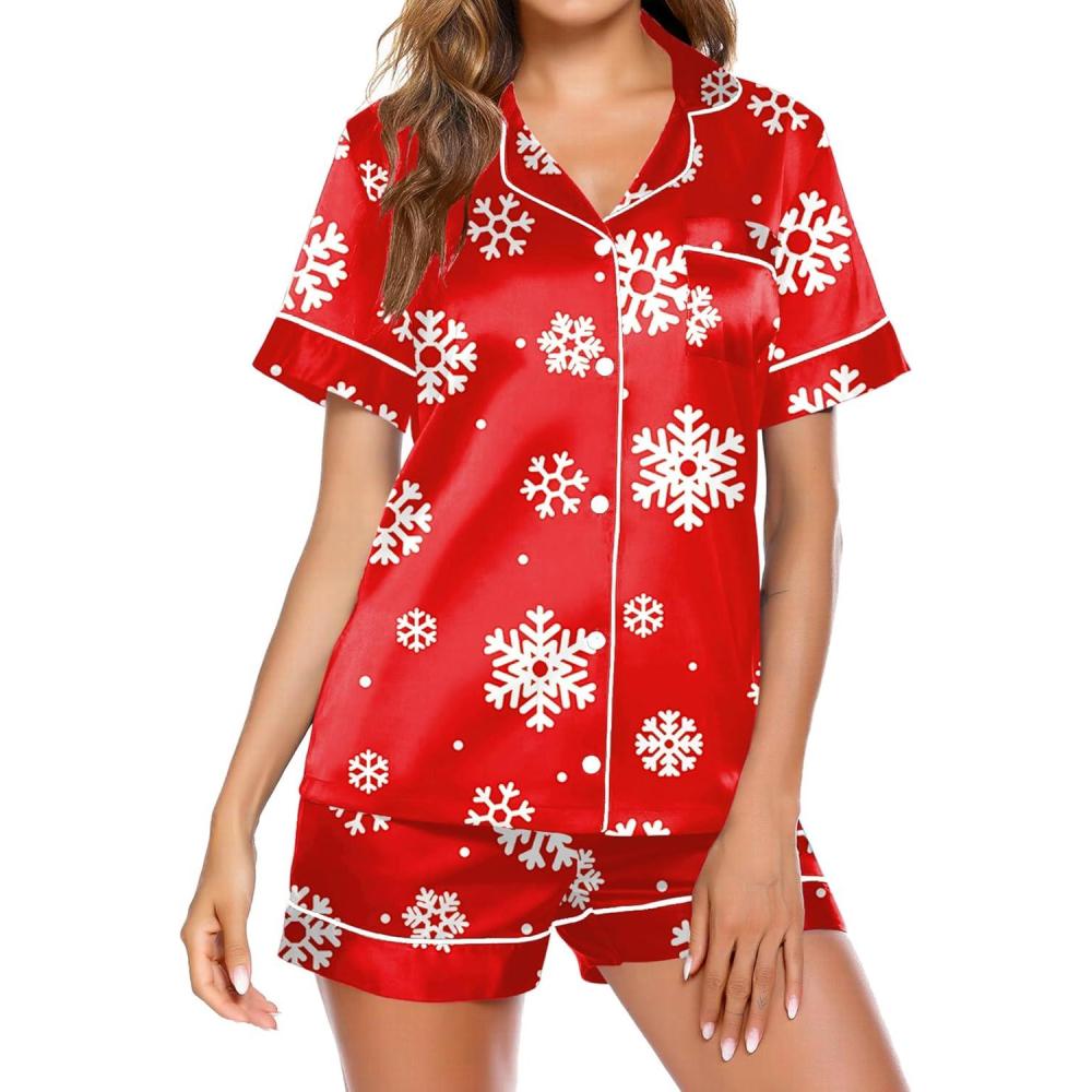 imageEkouaer Pajamas for Women Set Silk Satin Pjs Button Down Sleepwear Summer Loungewear Top and Shorts Lounge Set SXXLChristmas Snow