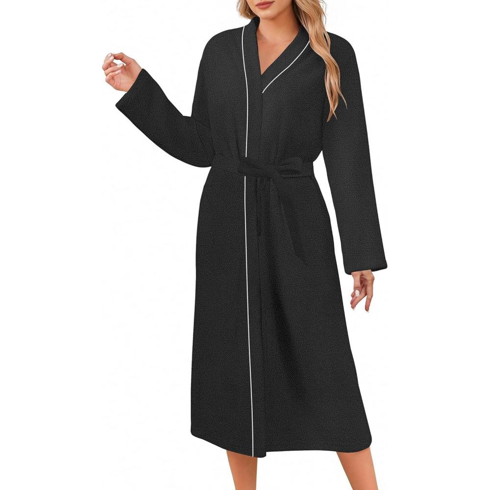 imageEkouaer Robes for Women Long Sleeves Bathrobe V Neck Cozy Housecoat Lightweight Fleece Robe with Pockets SXXLBlack