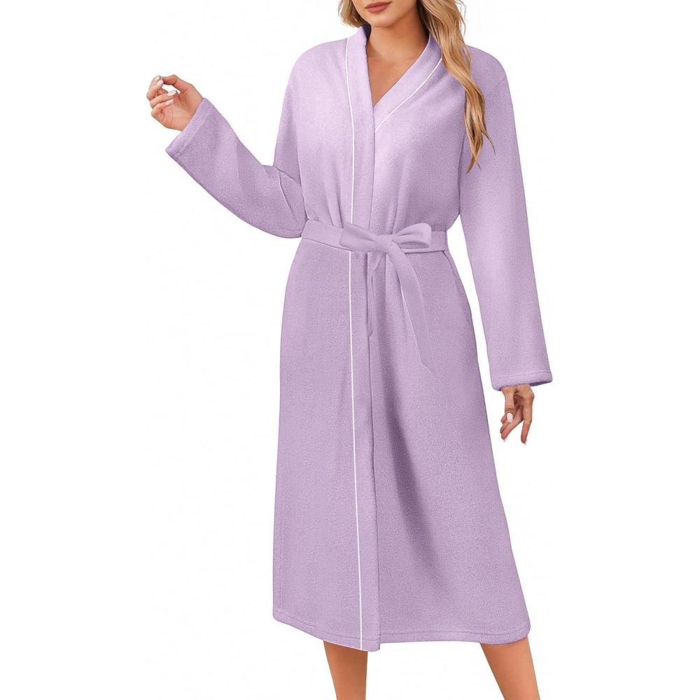 imageEkouaer Robes for Women Long Sleeves Bathrobe V Neck Cozy Housecoat Lightweight Fleece Robe with Pockets SXXLLavender