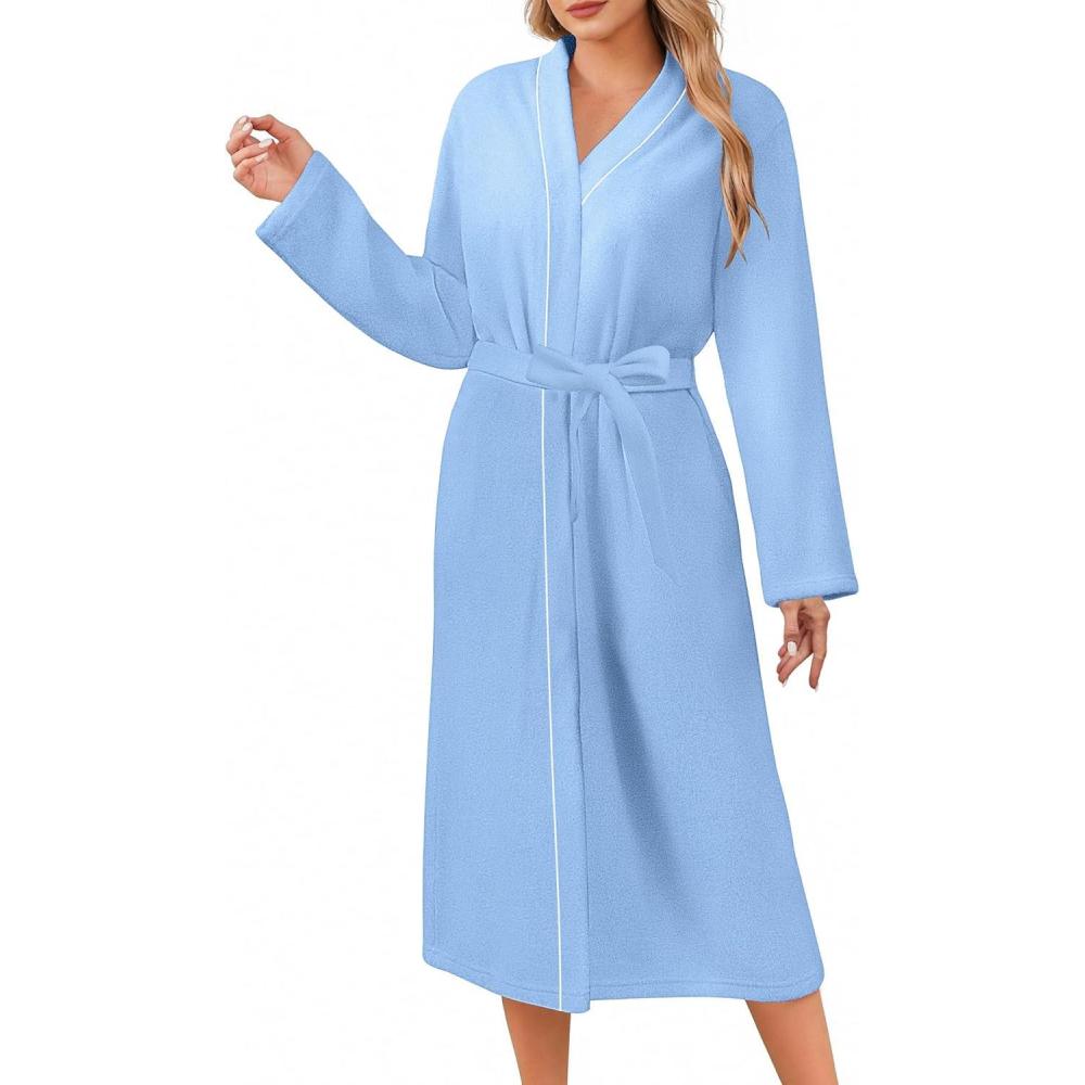 imageEkouaer Robes for Women Long Sleeves Bathrobe V Neck Cozy Housecoat Lightweight Fleece Robe with Pockets SXXLLight Blue