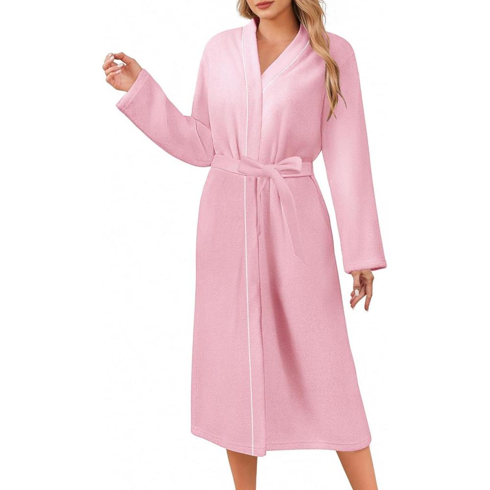 imageEkouaer Robes for Women Long Sleeves Bathrobe V Neck Cozy Housecoat Lightweight Fleece Robe with Pockets SXXLPink