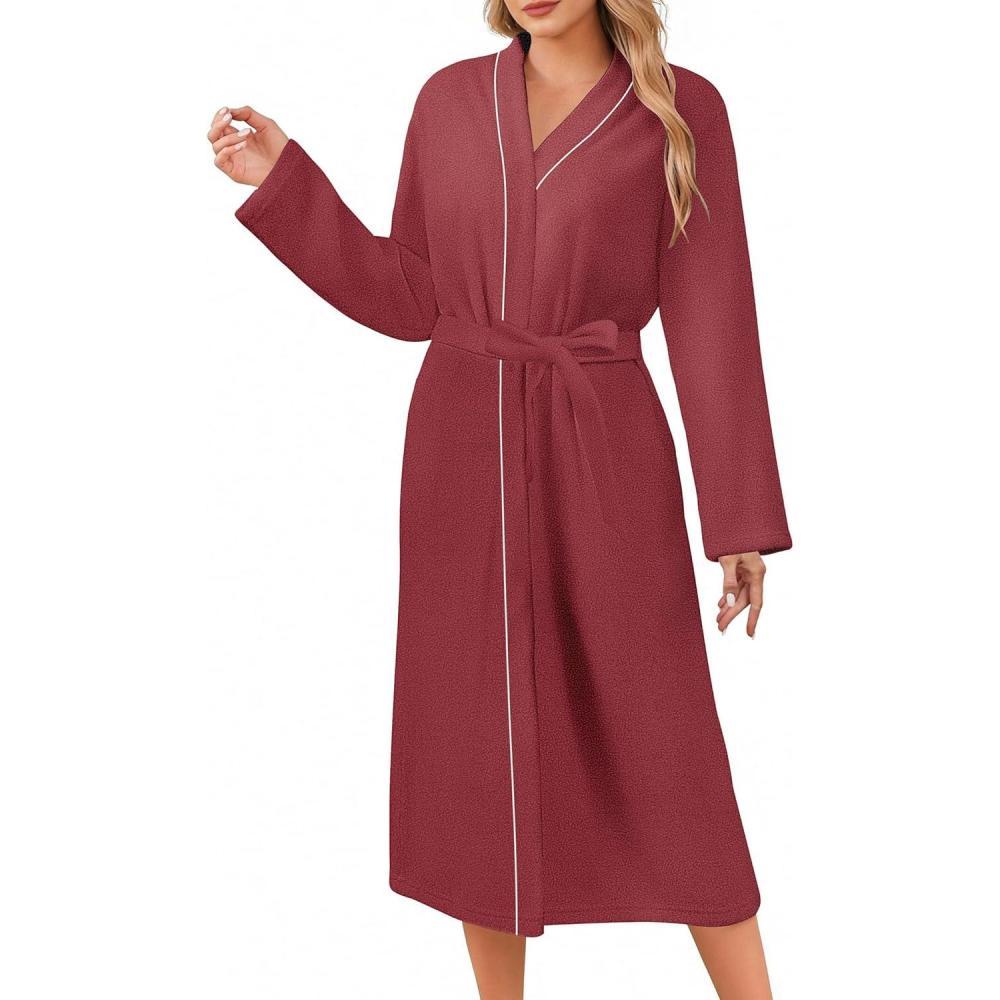 imageEkouaer Robes for Women Long Sleeves Bathrobe V Neck Cozy Housecoat Lightweight Fleece Robe with Pockets SXXLRed
