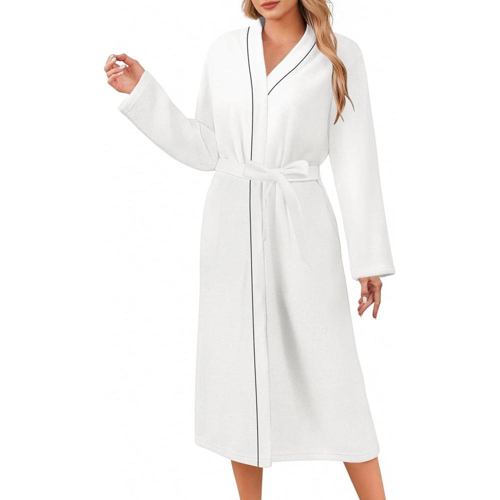 imageEkouaer Robes for Women Long Sleeves Bathrobe V Neck Cozy Housecoat Lightweight Fleece Robe with Pockets SXXLWhite