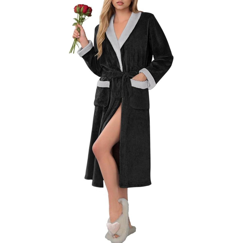 imageEkouaer Robes for Women Soft Long Bathrobe Lightweight Fleece Shawl Collar Spa Robe Cozy Sleepwear with Pockets SXXLBlackLight Gray