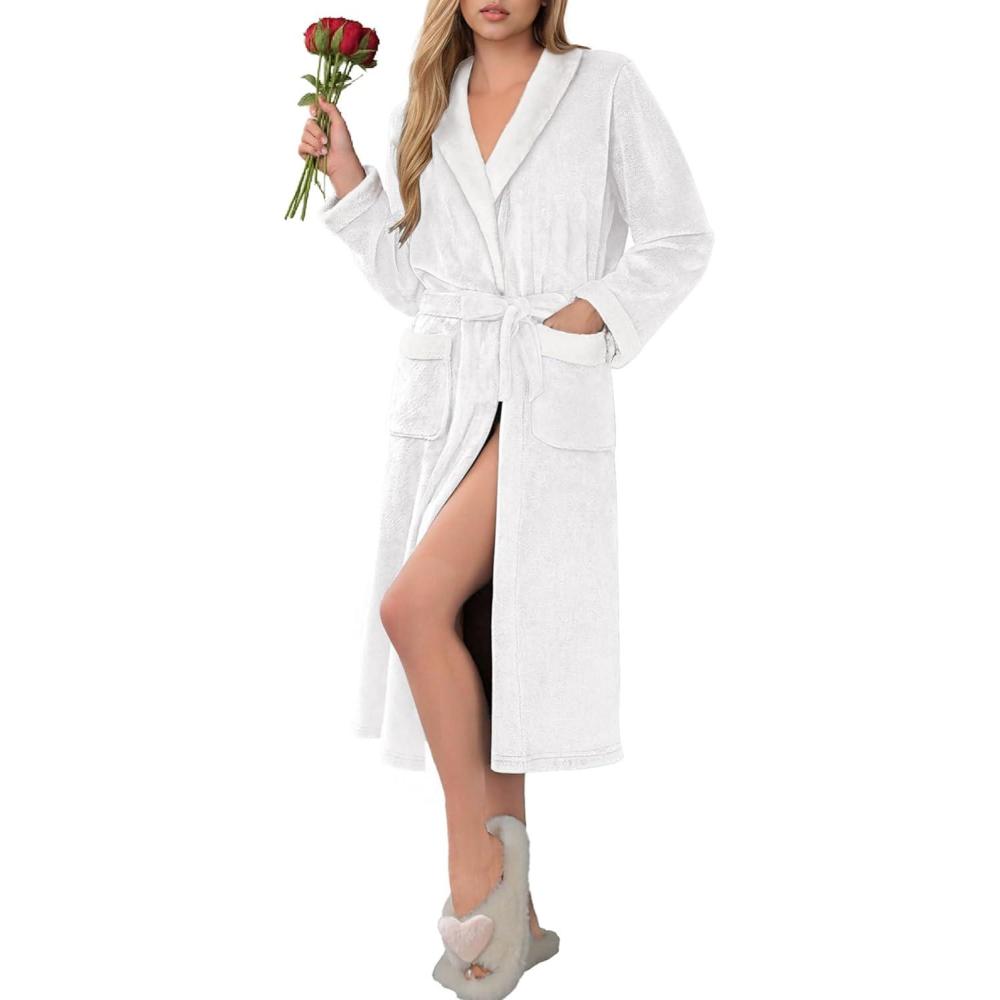 imageEkouaer Robes for Women Soft Long Bathrobe Lightweight Fleece Shawl Collar Spa Robe Cozy Sleepwear with Pockets SXXLWhite