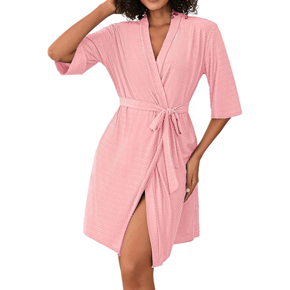 imageEkouaer Short Robes for Women Lightweight Bathrobe Kimono Robes Knee Length 34 Sleeve Swiss Polka Dot Soft Robe with PocketsLighy Pink