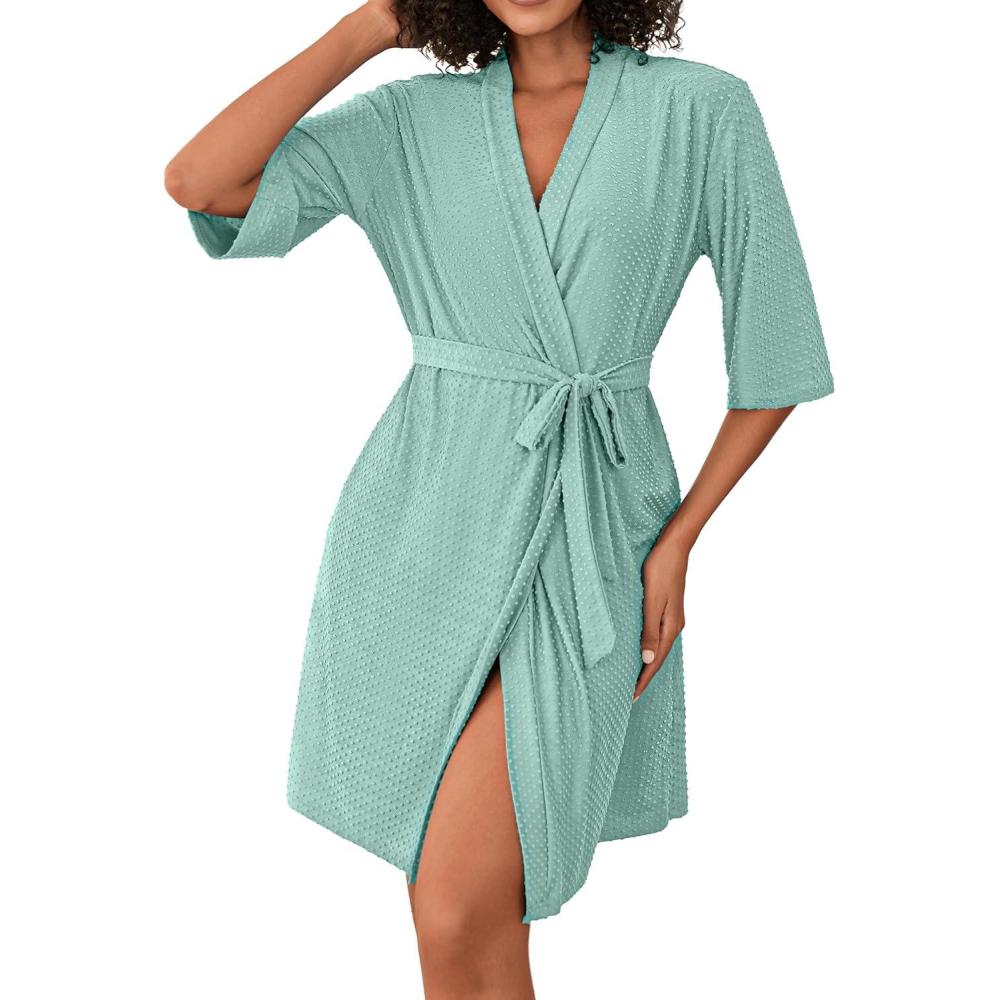 imageEkouaer Short Robes for Women Lightweight Bathrobe Kimono Robes Knee Length 34 Sleeve Swiss Polka Dot Soft Robe with PocketsSea Green