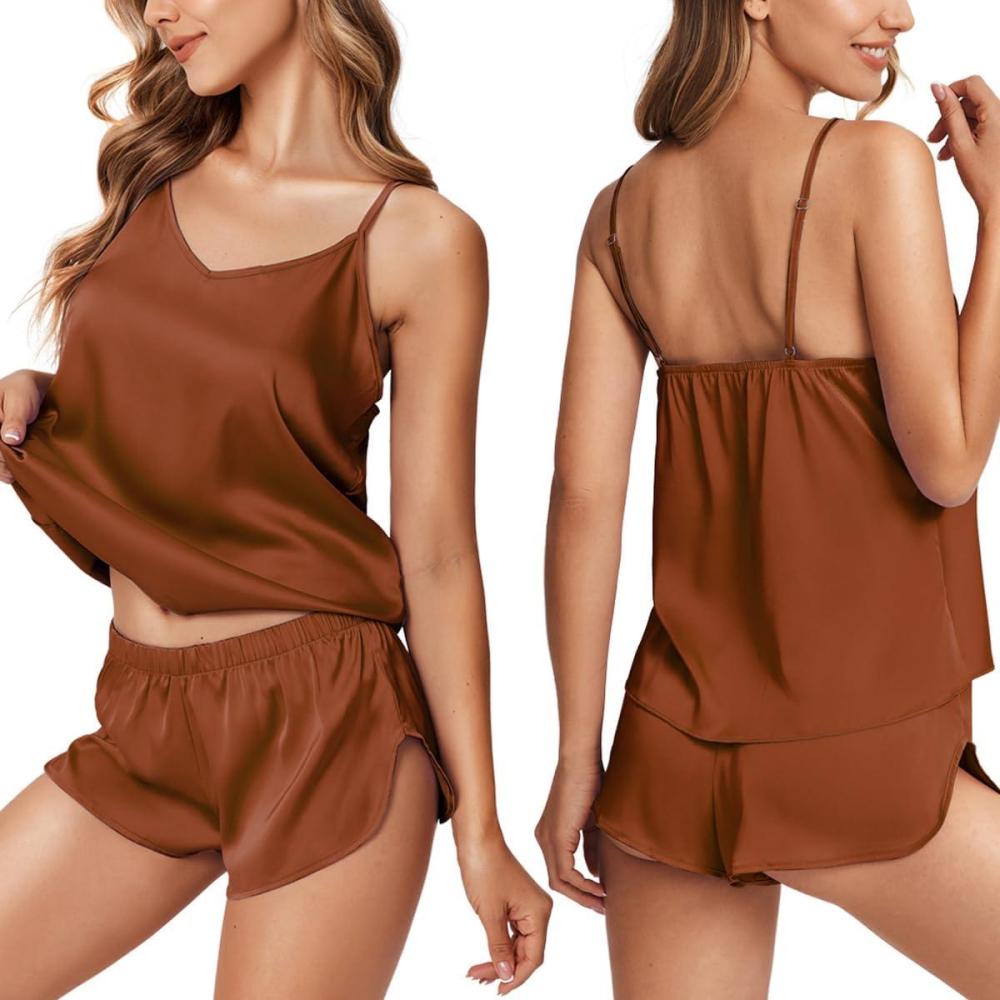 imageEkouaer Silk Pajamas for Women Satin Cami Pjs Set V Neck Camisole Shorts Set Adjustable Strap SleepwearBrown