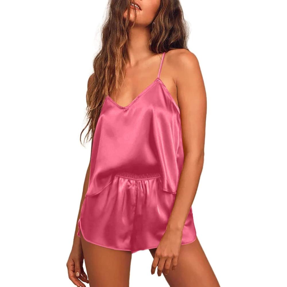 imageEkouaer Silk Pajamas for Women Satin Cami Pjs Set V Neck Camisole Shorts Set Adjustable Strap SleepwearWatermelon Red
