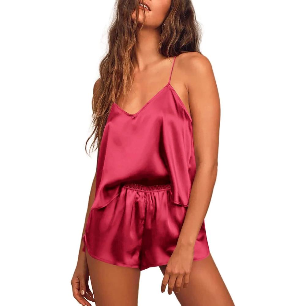 imageEkouaer Silk Pajamas for Women Satin Cami Pjs Set V Neck Camisole Shorts Set Adjustable Strap SleepwearWine Red