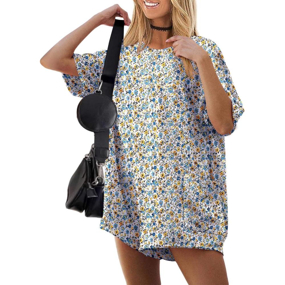 imageEkouaer Summer Rompers for Women Short Sleeve Oversized Tshirt Romper Reversible Baggy Jumpsuit Outfits with PocketsFloral White