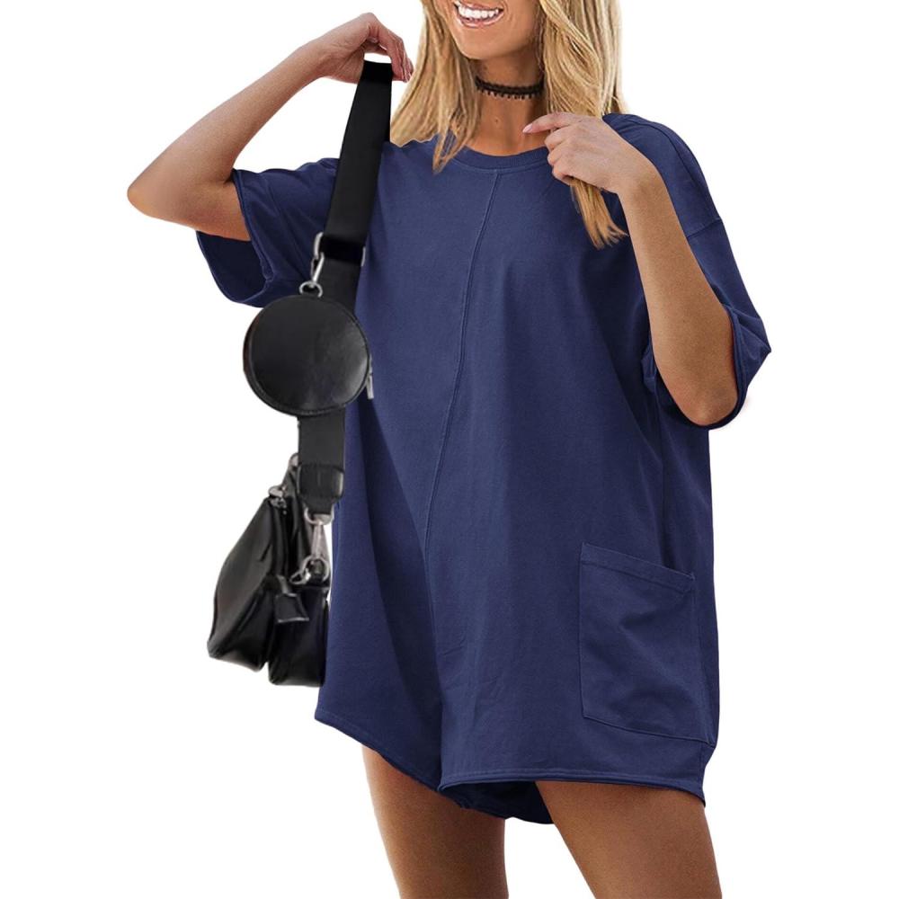 imageEkouaer Summer Rompers for Women Short Sleeve Oversized Tshirt Romper Reversible Baggy Jumpsuit Outfits with PocketsNavy Blue