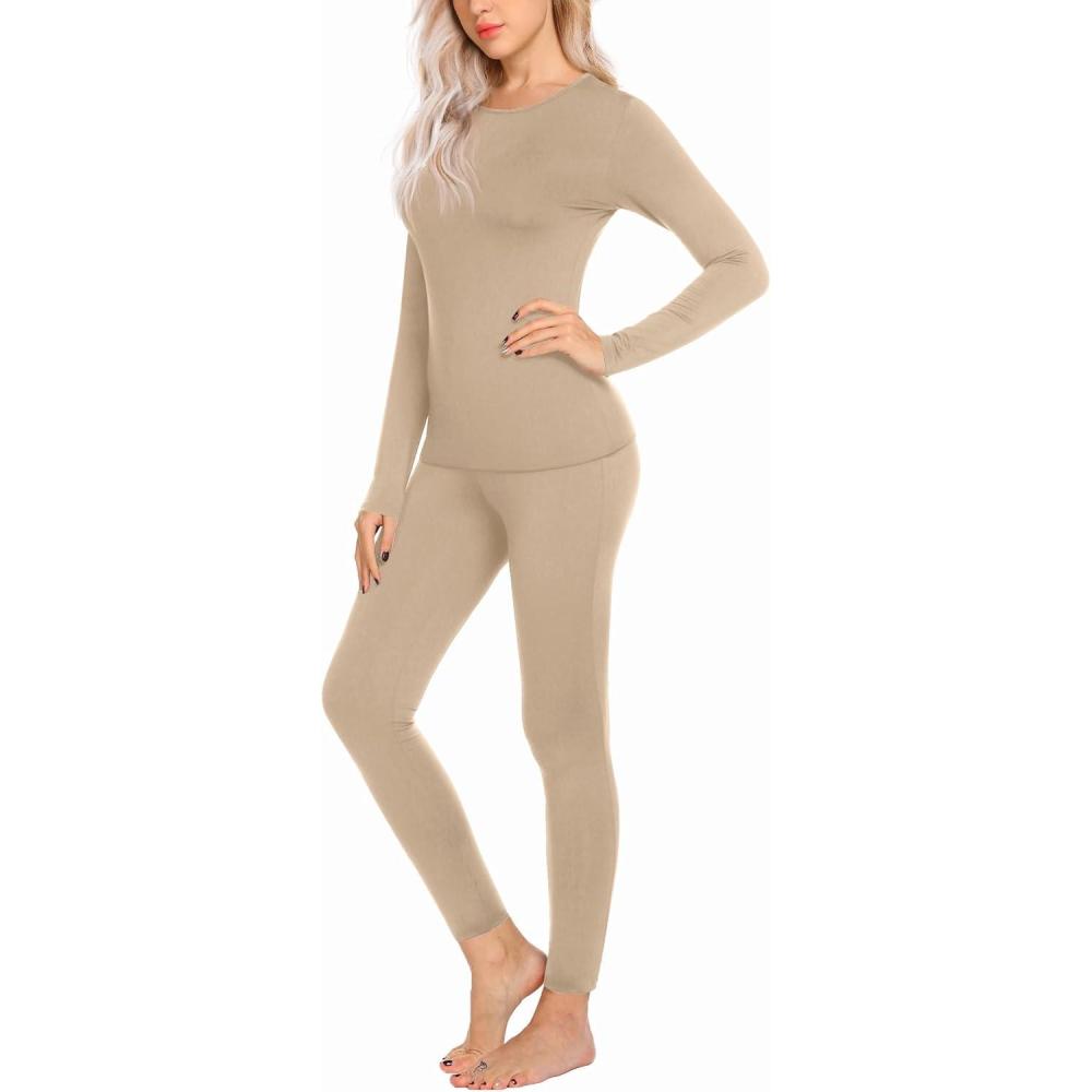 imageEkouaer Thermal Underwear for Women Long Johns Sets Base Layer Lightweight 2 Pieces Pajams SetKhaki