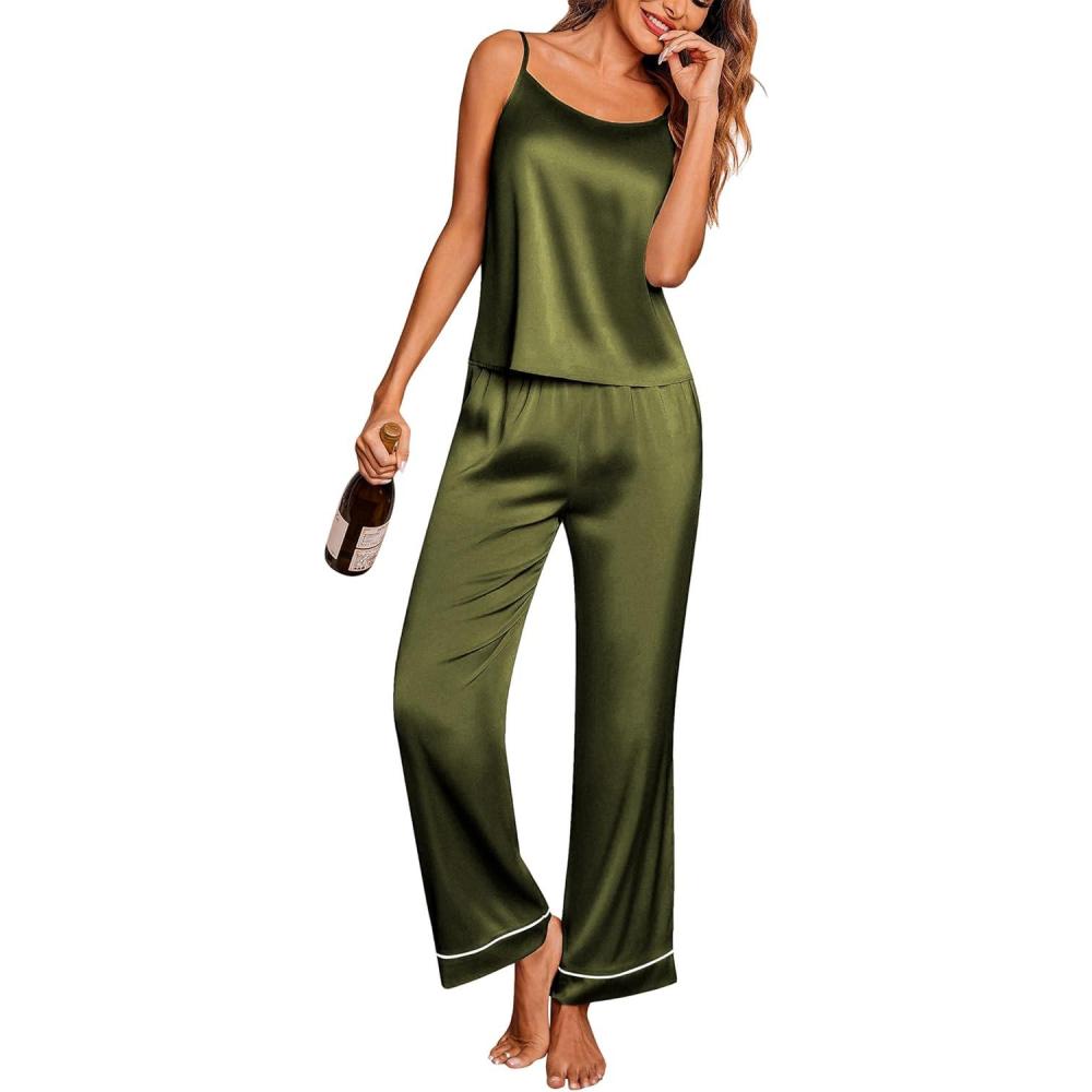 imageEkouaer Women Silk Satin Pajamas Sleeveless Pjs Set 2 Piece Summer Loungewear Sleepwear with Pockets SXXLArmy Green