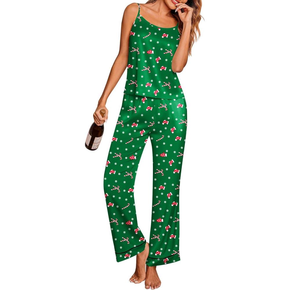 imageEkouaer Women Silk Satin Pajamas Sleeveless Pjs Set 2 Piece Summer Loungewear Sleepwear with Pockets SXXLGreen Chirstmas