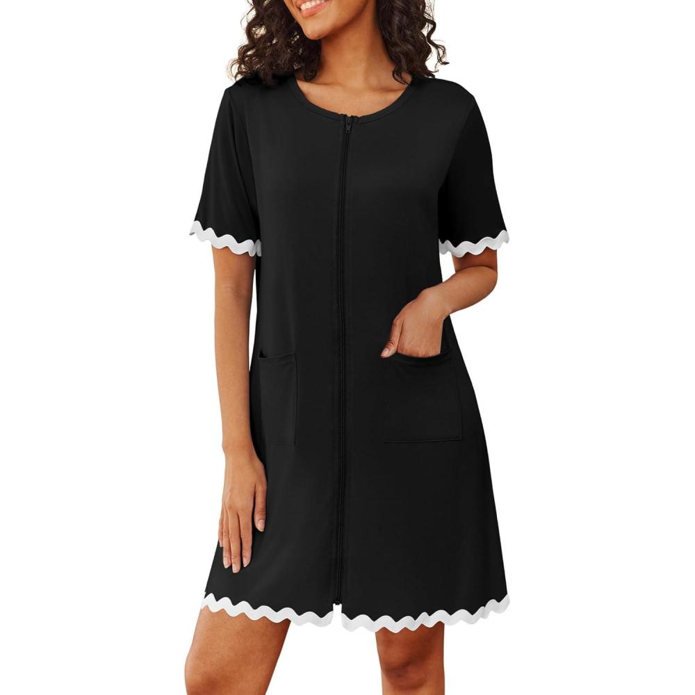 imageEkouaer Women Zip Up Robe Lightweight Housecoats with Pockets Knee Length Short Bathrobes Soft Nightgown S3XLBlack