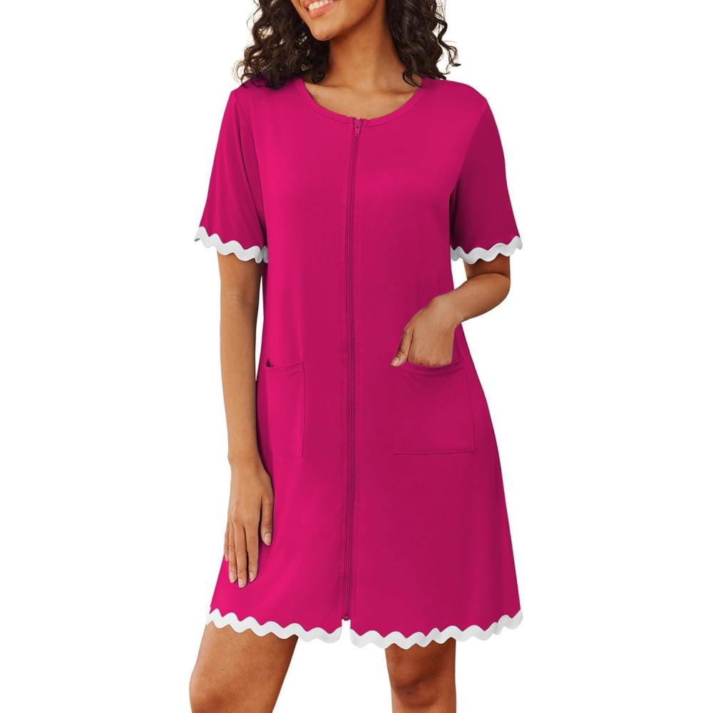 imageEkouaer Women Zip Up Robe Lightweight Housecoats with Pockets Knee Length Short Bathrobes Soft Nightgown S3XLHot Pink