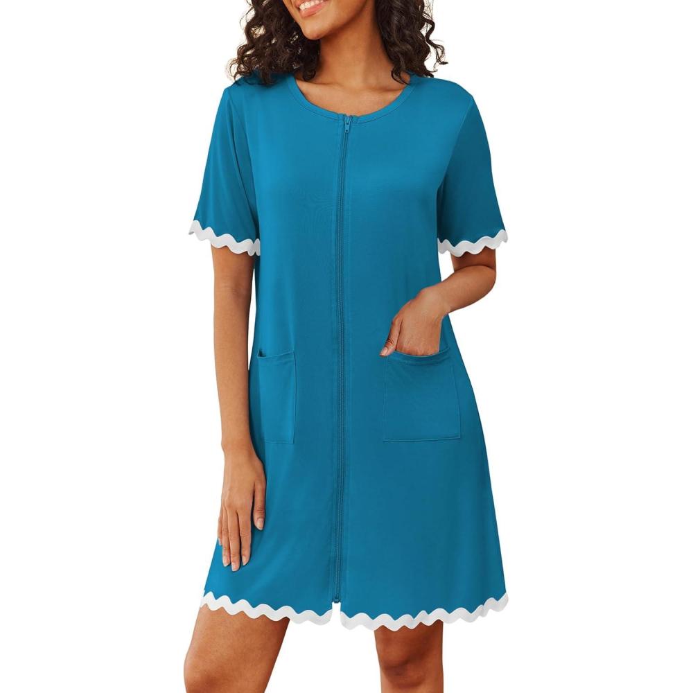 imageEkouaer Women Zip Up Robe Lightweight Housecoats with Pockets Knee Length Short Bathrobes Soft Nightgown S3XLLake Blue