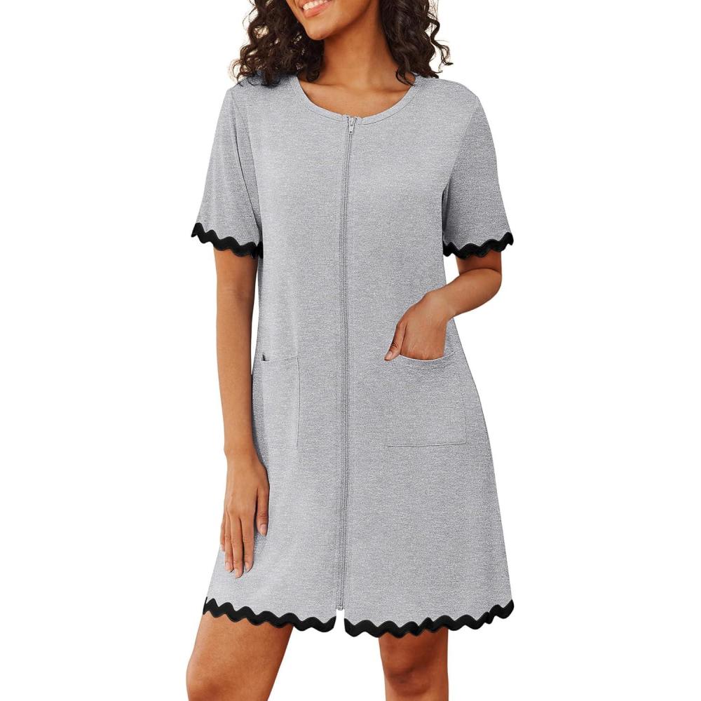 imageEkouaer Women Zip Up Robe Lightweight Housecoats with Pockets Knee Length Short Bathrobes Soft Nightgown S3XLLight Gray