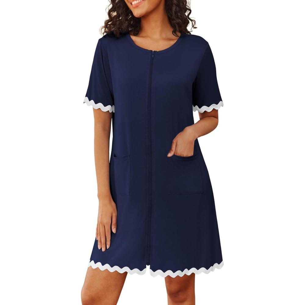 imageEkouaer Women Zip Up Robe Lightweight Housecoats with Pockets Knee Length Short Bathrobes Soft Nightgown S3XLNavy Blue