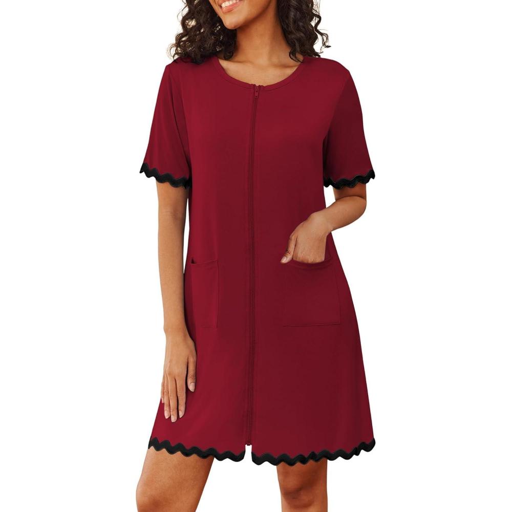 imageEkouaer Women Zip Up Robe Lightweight Housecoats with Pockets Knee Length Short Bathrobes Soft Nightgown S3XLRed