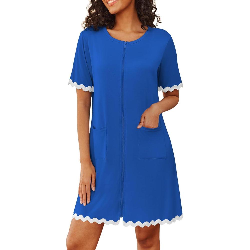 imageEkouaer Women Zip Up Robe Lightweight Housecoats with Pockets Knee Length Short Bathrobes Soft Nightgown S3XLSky Blue