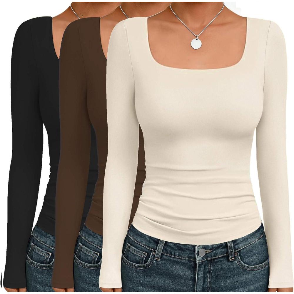 imageEkouaer Womens 3 Pack Long Sleeve Shirts Square Neck Basic Tops Fitted Tee Thermal Undershirts XSXXLBlackBrownBeige