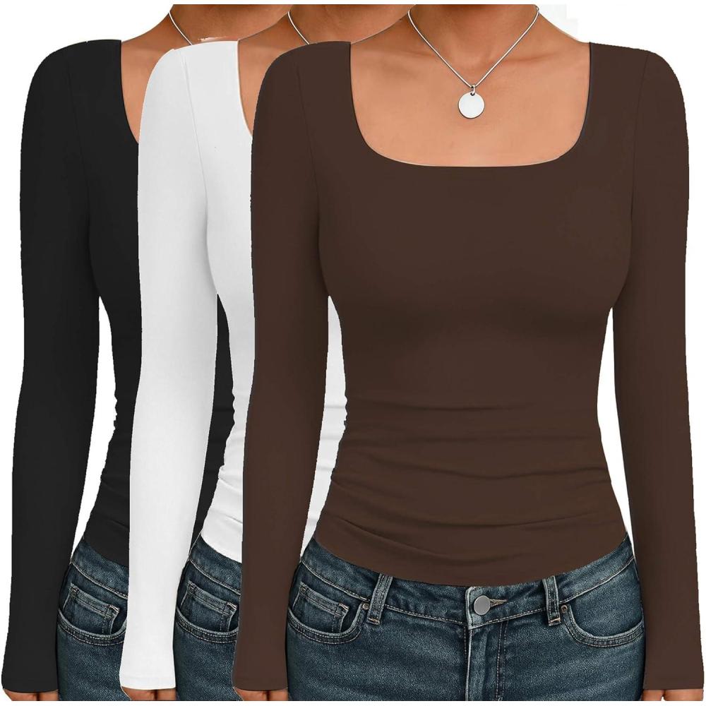 imageEkouaer Womens 3 Pack Long Sleeve Shirts Square Neck Basic Tops Fitted Tee Thermal Undershirts XSXXLBlackBrownWhite