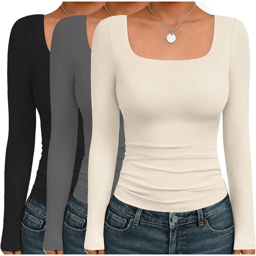 imageEkouaer Womens 3 Pack Long Sleeve Shirts Square Neck Basic Tops Fitted Tee Thermal Undershirts XSXXLBlackDark GrayBeige