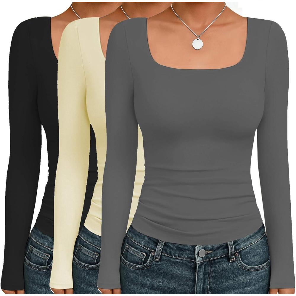 imageEkouaer Womens 3 Pack Long Sleeve Shirts Square Neck Basic Tops Fitted Tee Thermal Undershirts XSXXLBlackDark GrayCream