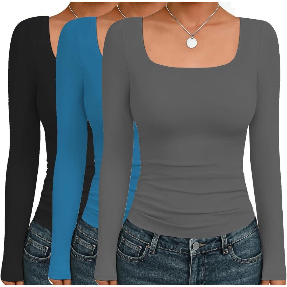 imageEkouaer Womens 3 Pack Long Sleeve Shirts Square Neck Basic Tops Fitted Tee Thermal Undershirts XSXXLBlackGrayLight Blue