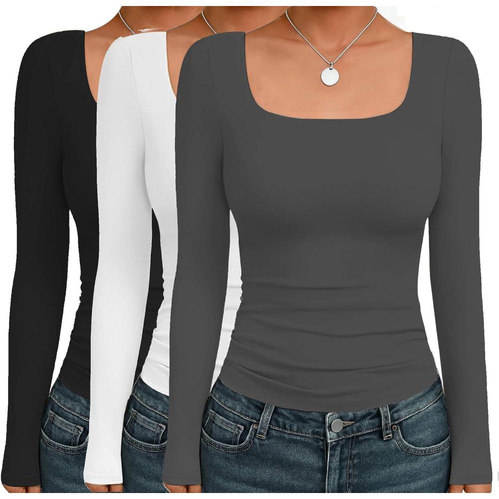 imageEkouaer Womens 3 Pack Long Sleeve Shirts Square Neck Basic Tops Fitted Tee Thermal Undershirts XSXXLBlackGrayWhite