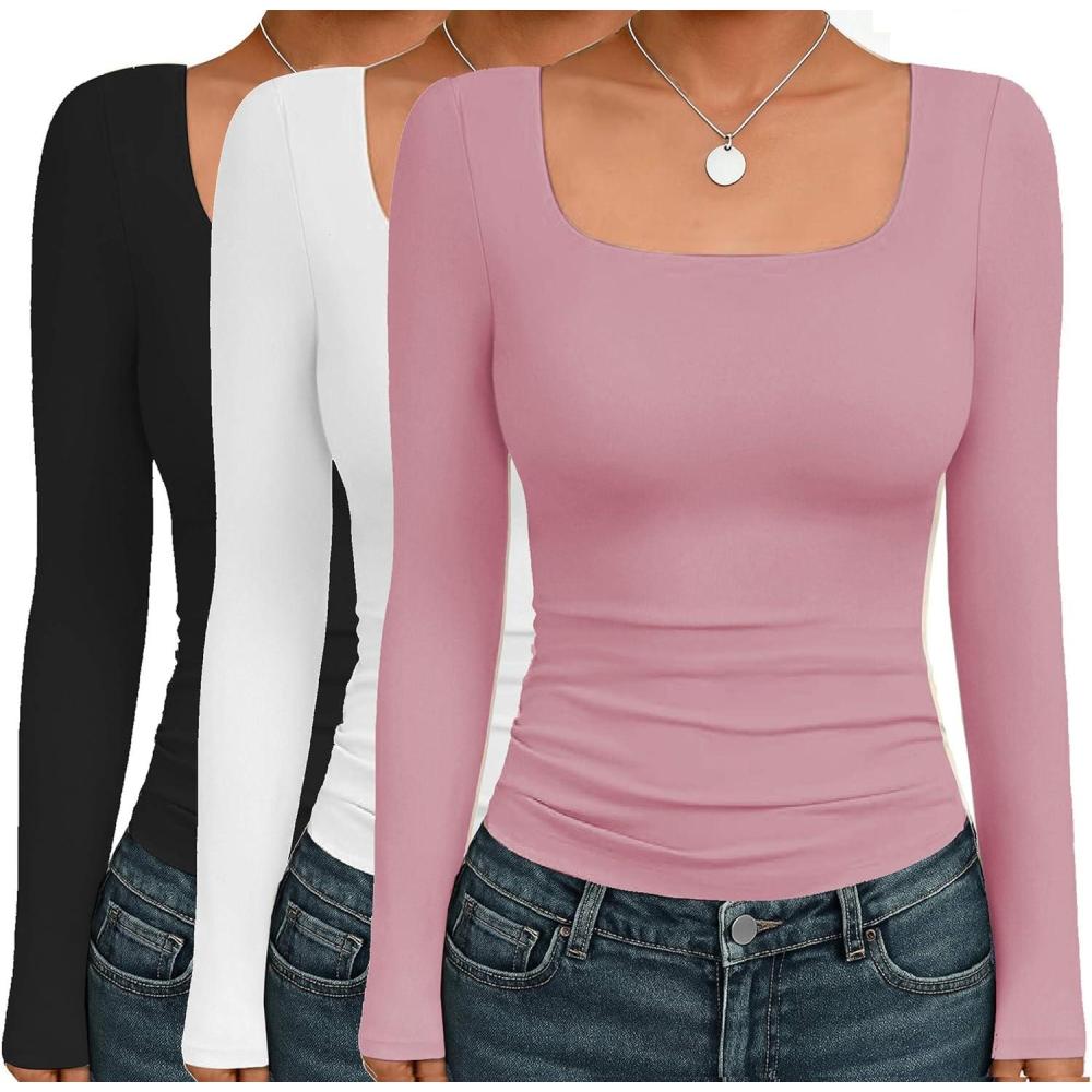 imageEkouaer Womens 3 Pack Long Sleeve Shirts Square Neck Basic Tops Fitted Tee Thermal Undershirts XSXXLBlackWhitePink