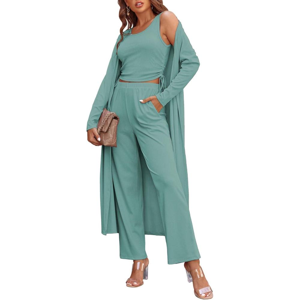 imageEkouaer Womens 3 Piece Lounge Set Pajama Long Sleeve Cardigan Sleeveless Top Pants Sweatsuit SXXLGreen