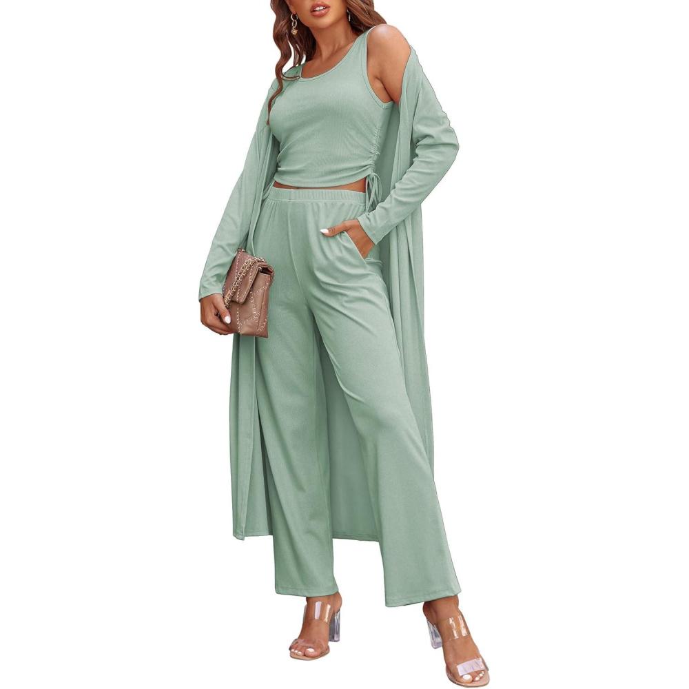 imageEkouaer Womens 3 Piece Lounge Set Pajama Long Sleeve Cardigan Sleeveless Top Pants Sweatsuit SXXLLight Green