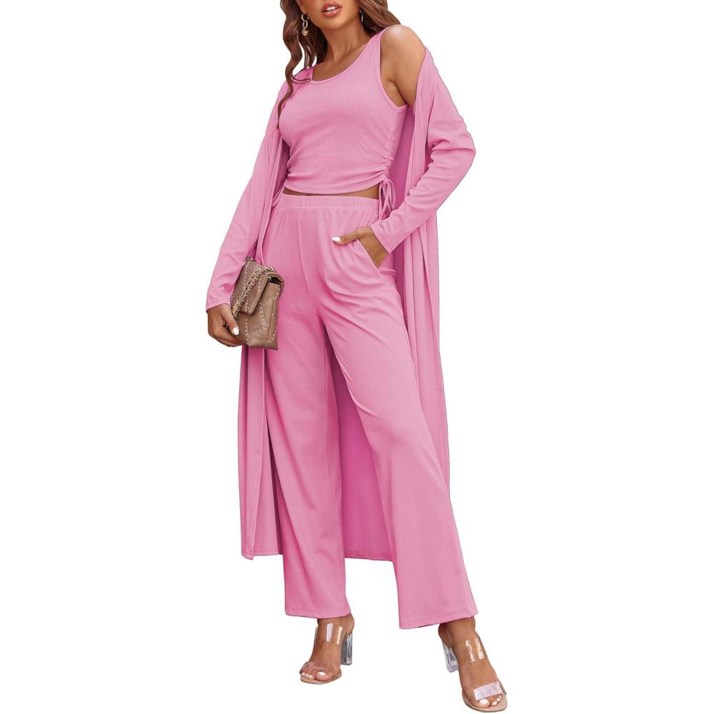 imageEkouaer Womens 3 Piece Lounge Set Pajama Long Sleeve Cardigan Sleeveless Top Pants Sweatsuit SXXLRose Pink