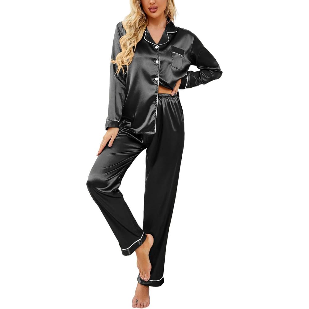 imageEkouaer Womens Classic Button Down Long Satin Silk Pajama SetBlack