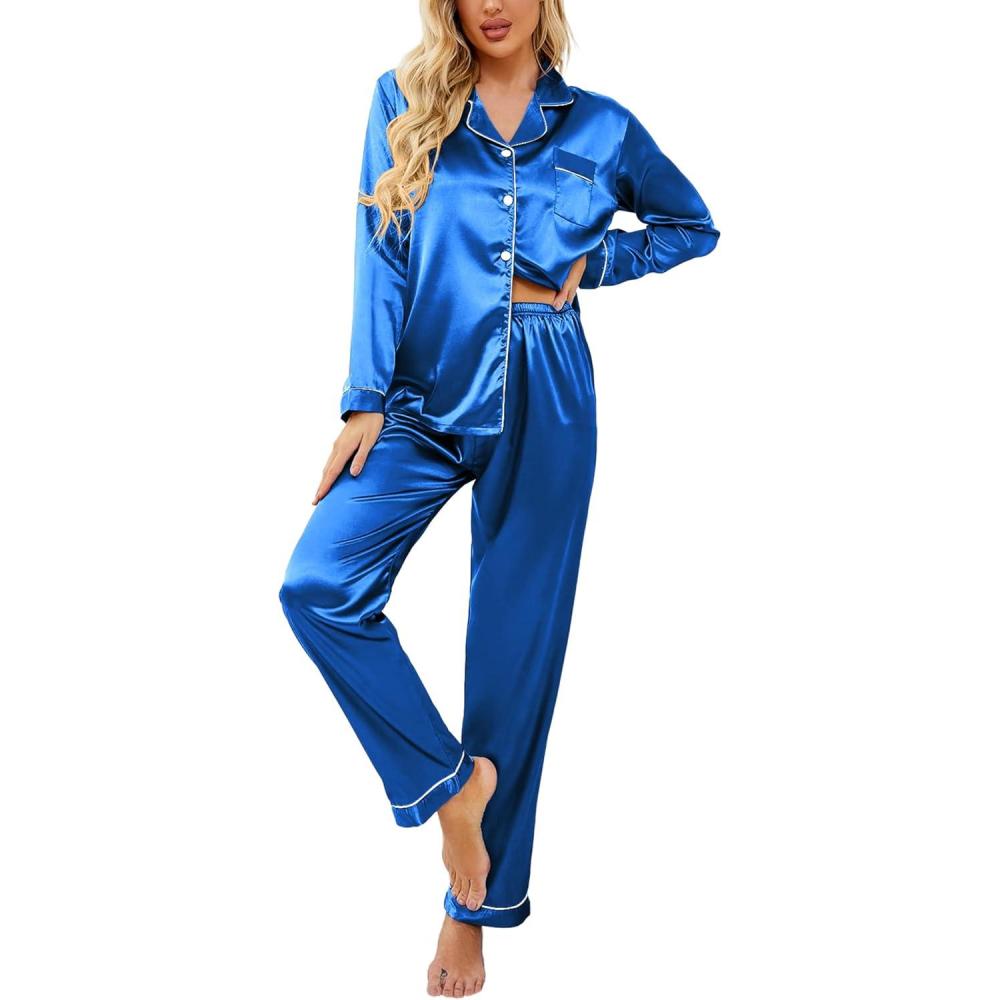imageEkouaer Womens Classic Button Down Long Satin Silk Pajama SetBlue