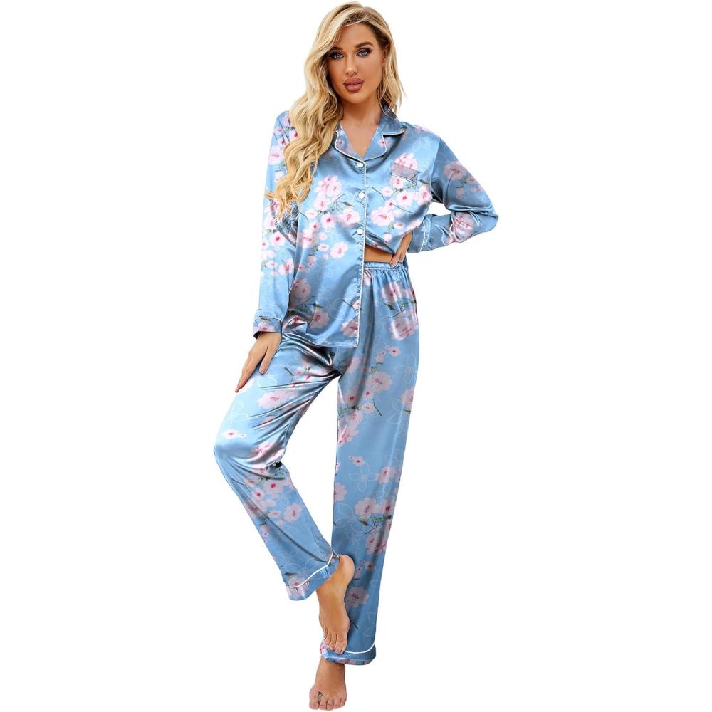 imageEkouaer Womens Classic Button Down Long Satin Silk Pajama SetBlue Floral