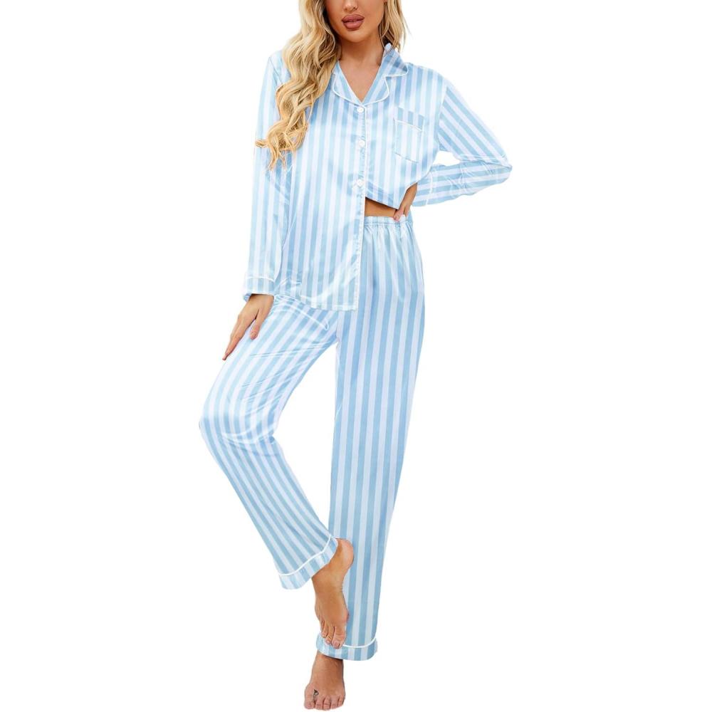 imageEkouaer Womens Classic Button Down Long Satin Silk Pajama SetBlue Stripes