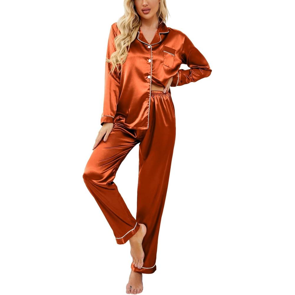 imageEkouaer Womens Classic Button Down Long Satin Silk Pajama SetCaramel
