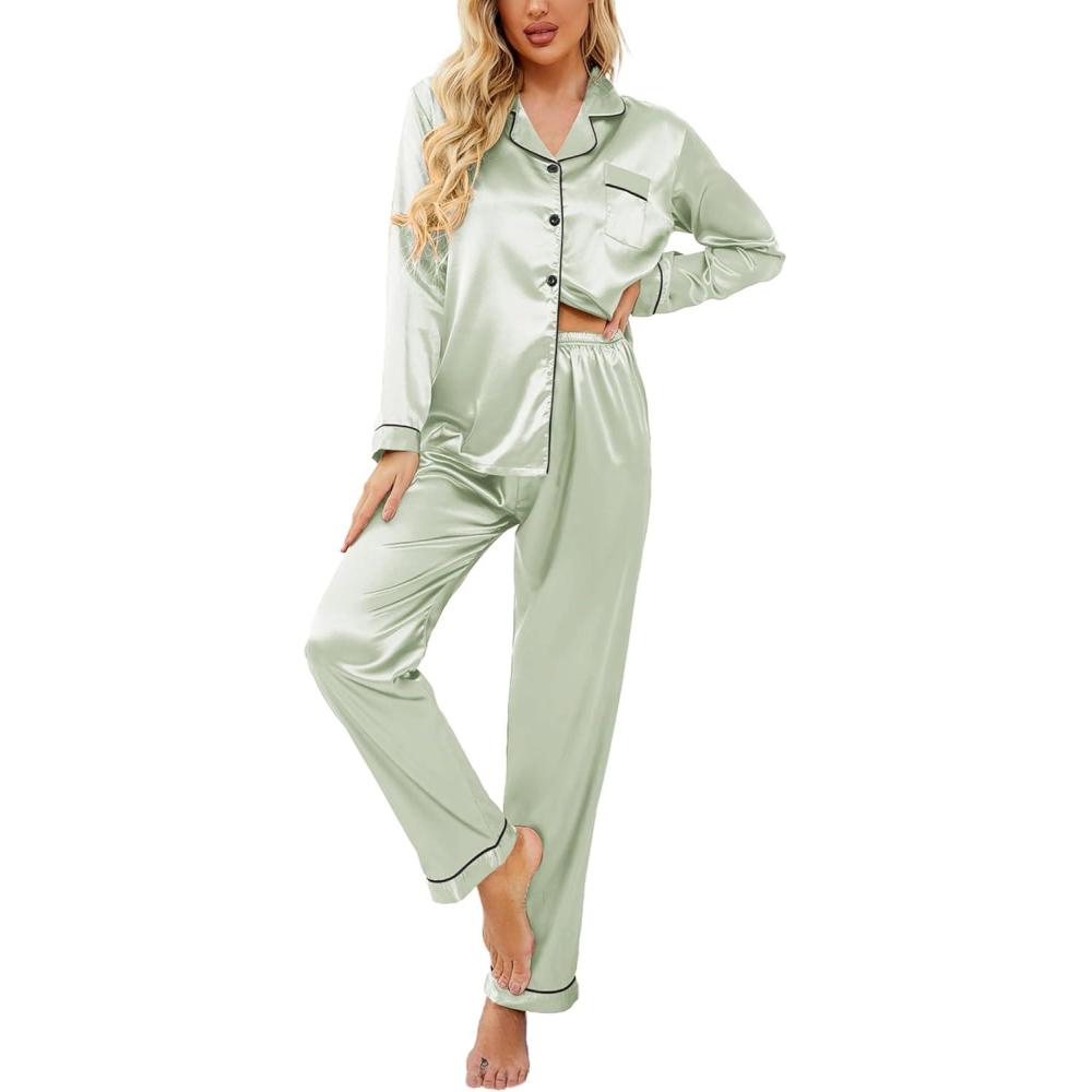 imageEkouaer Womens Classic Button Down Long Satin Silk Pajama SetCeladon