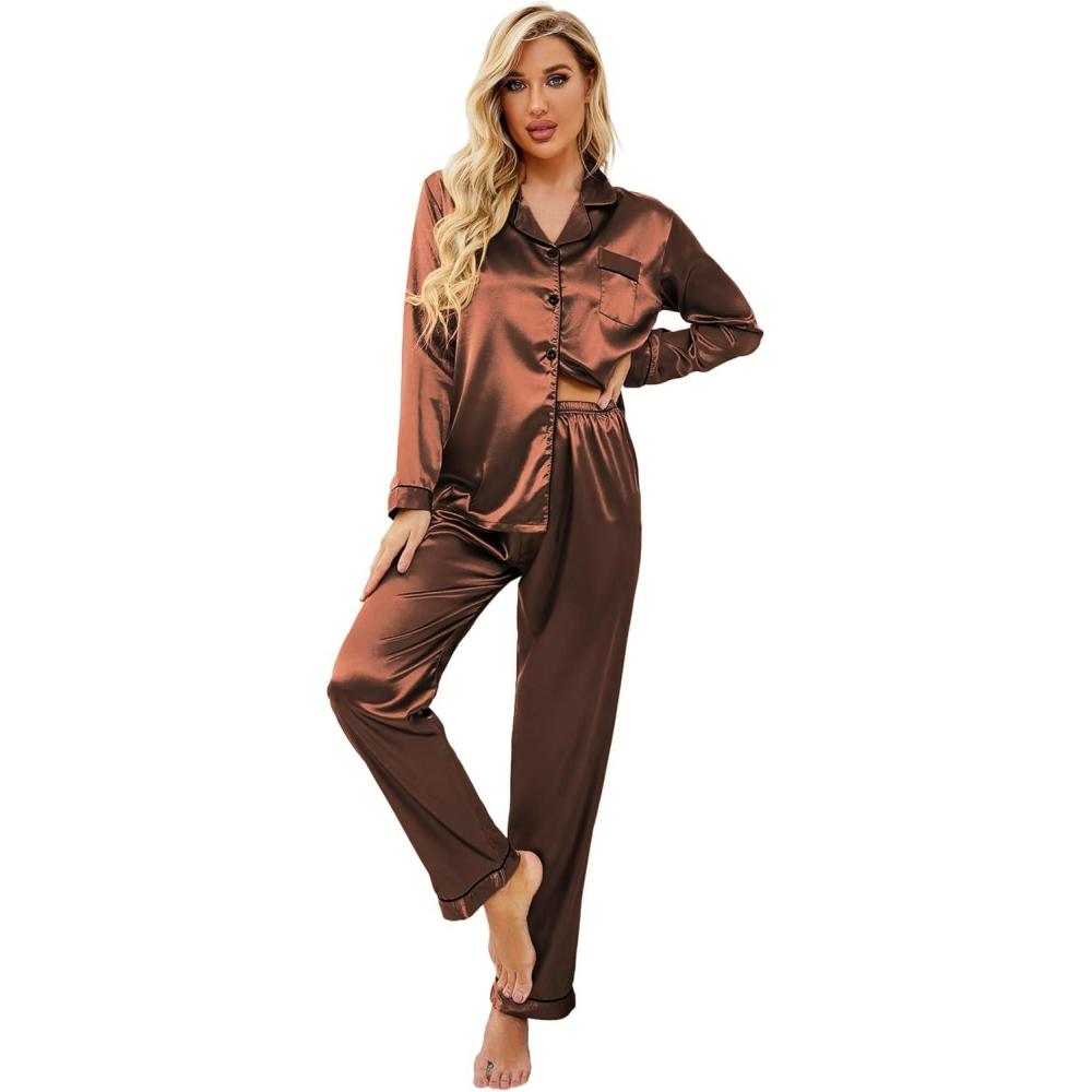 imageEkouaer Womens Classic Button Down Long Satin Silk Pajama SetDeep Brown