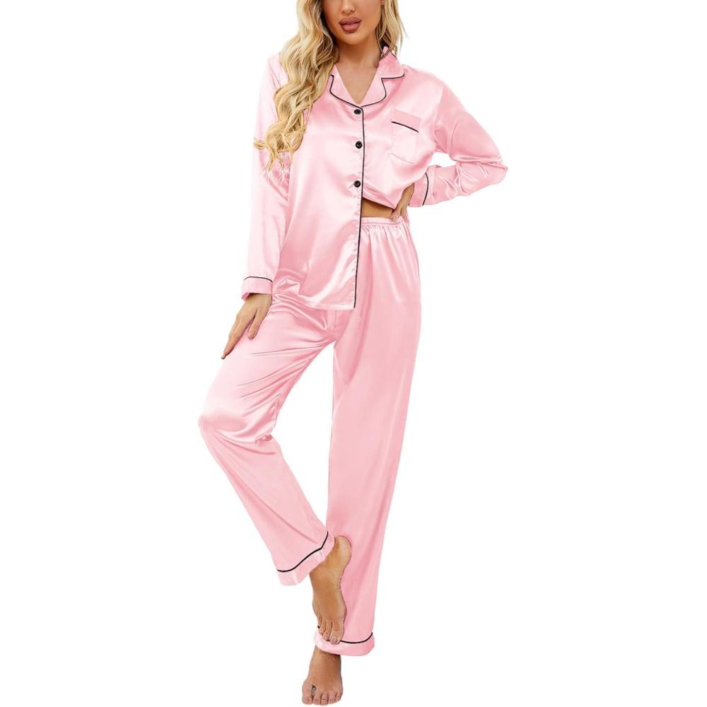 imageEkouaer Womens Classic Button Down Long Satin Silk Pajama SetDeep Pink