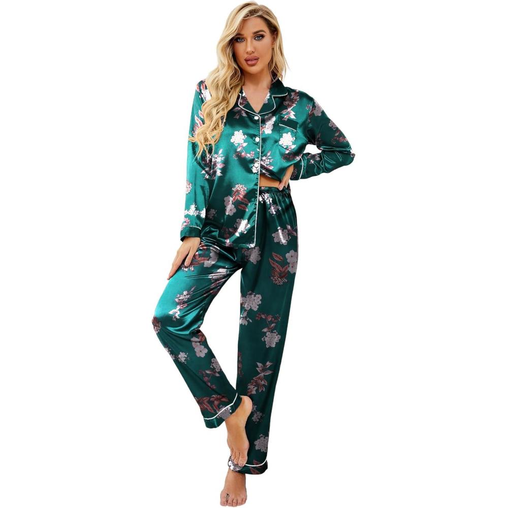 imageEkouaer Womens Classic Button Down Long Satin Silk Pajama SetGreen Floral