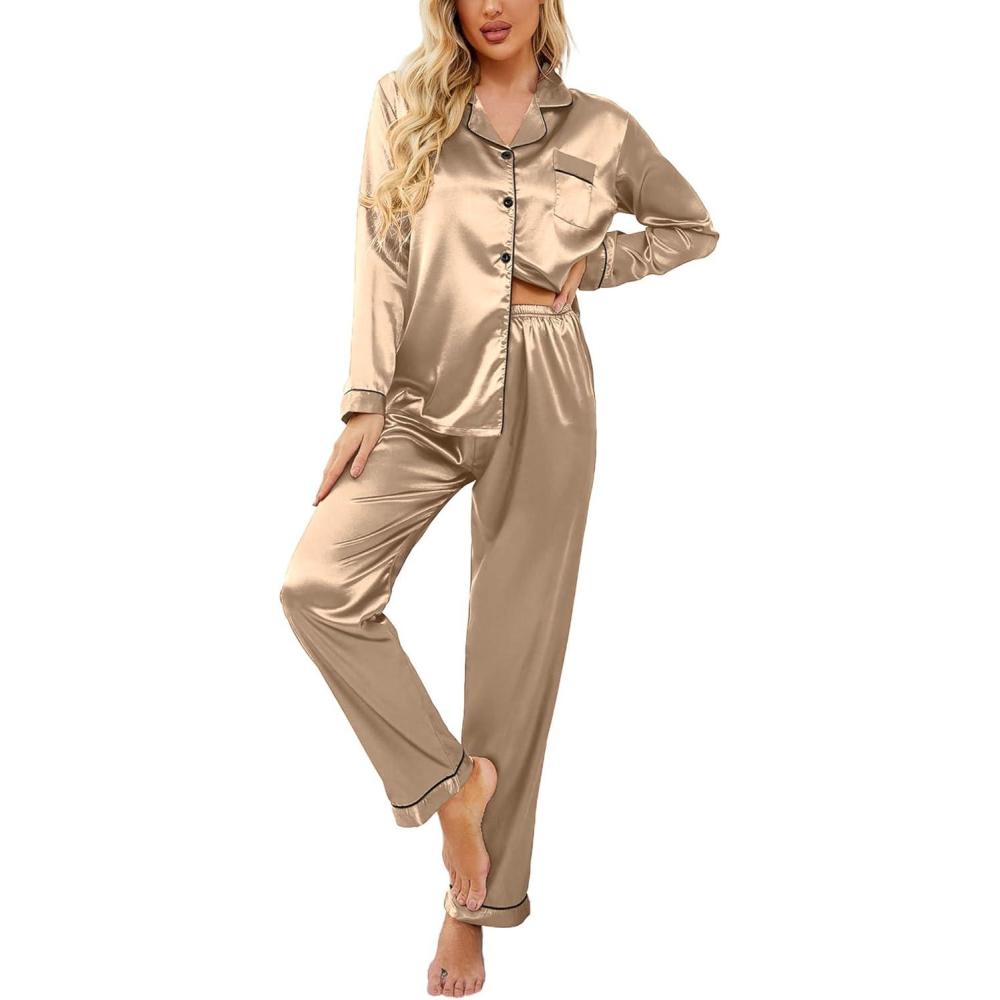 imageEkouaer Womens Classic Button Down Long Satin Silk Pajama SetKhaki