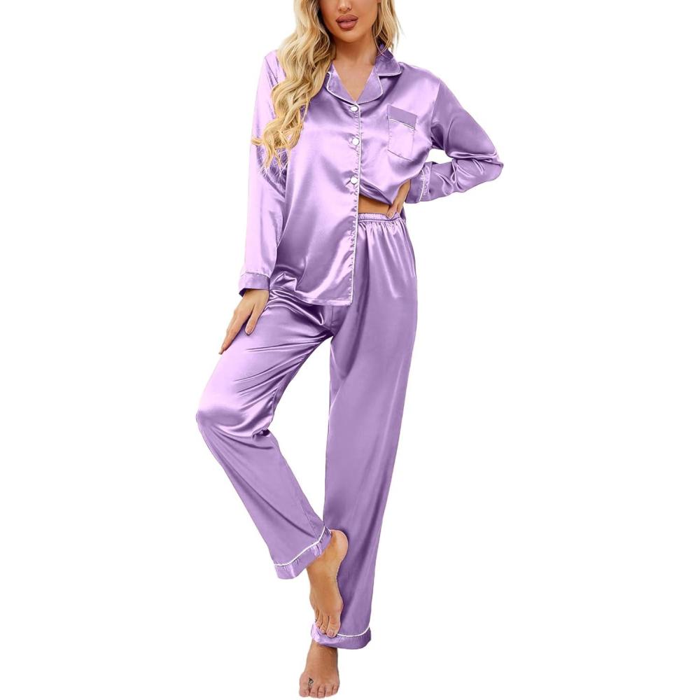 imageEkouaer Womens Classic Button Down Long Satin Silk Pajama SetLavender