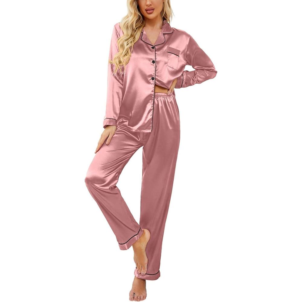 imageEkouaer Womens Classic Button Down Long Satin Silk Pajama SetLotus Color
