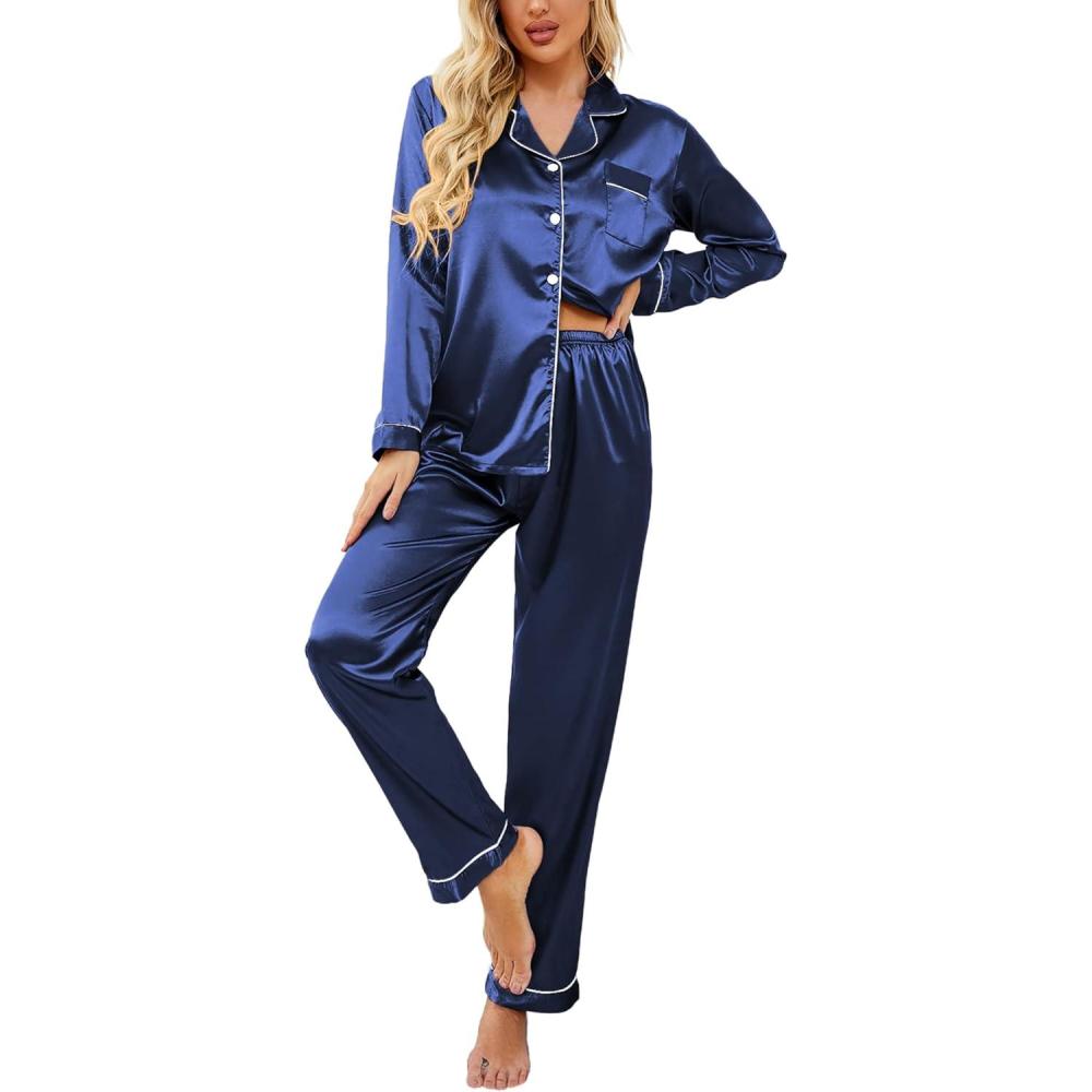 imageEkouaer Womens Classic Button Down Long Satin Silk Pajama SetNavy Blue